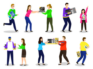 People fighting for items on sale. Isolated characters holding appliances and gadgets. Women arguing because of computer with discount. Male running with kettle. Kid with smartphone. Black friday sale