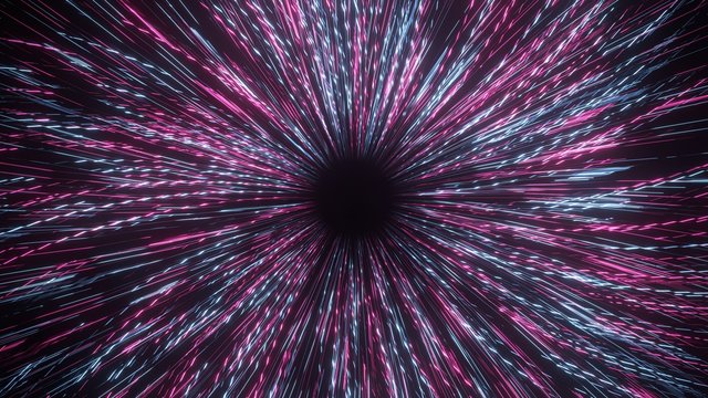 3D Rendering of abstract twisted glowing red and blue lights. Concept of leading in business, Hi tech products, warp speed wormhole science, transport portal © knssr
