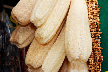 yellow long washcloth for body wash from a natural plant luffa