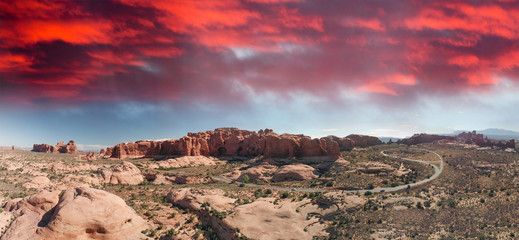 Arches National Park, Utah. Amazing aerial view of arches and mountains on a beautiful sunny day