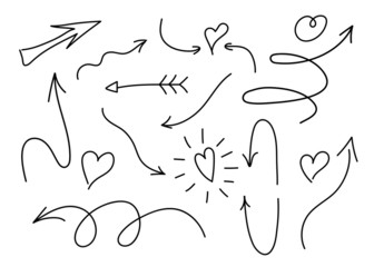 Set of Hand drawn design elements. Arrows and hearts, love, sun, light, check marks on white background.