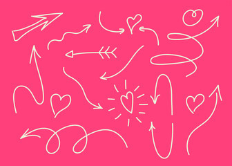 Set of Hand drawn design elements. Arrows and hearts, love, sun, light, check marks on white background.