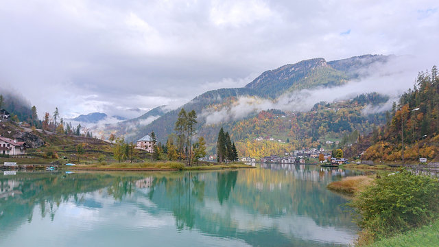 Panoramic view of the Lago di  Alleghe lake in the italian Dolomites