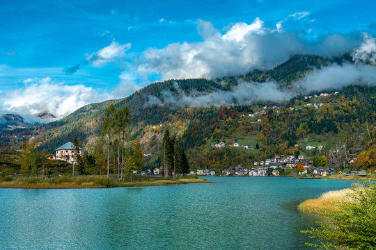 Panoramic view of the Lago di  Alleghe lake in the italian Dolomites