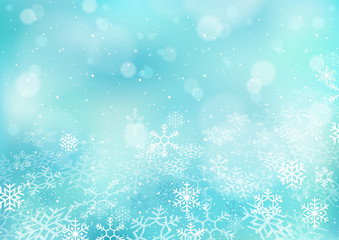 Winter Christmas Bokeh Background made of Snowflakes and snow - Light Blue Illustration, Vector