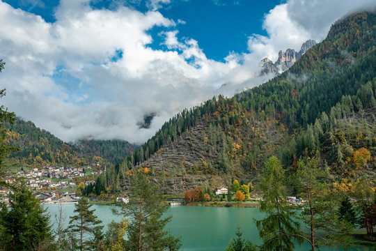 Damage in a forest after october 2018s severe storms above Lago di  Alleghe lake in the italian Dolomites