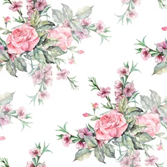  Watercolor seamless floral background with flowers roses and peach. © Olga Kleshchenko
