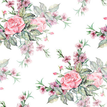 Watercolor seamless floral background with flowers roses and peach.