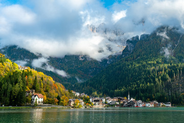 Panoramic view of the Lago di  Alleghe lake in the italian Dolomites