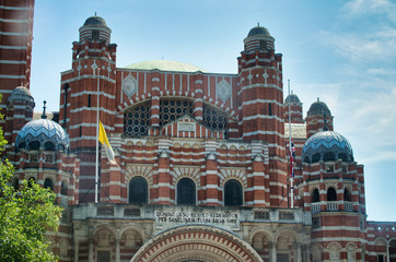 Westminster Cathedral red and green facade on a beautiful sunny day, London