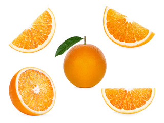 Overview of fresh and cut oranges set and slices separately on a white background
