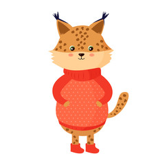 illustration of a cute spotted lynx in a red sweater in a snowflake and red felt boots. children's print. winter, New Year mood. for design, vector