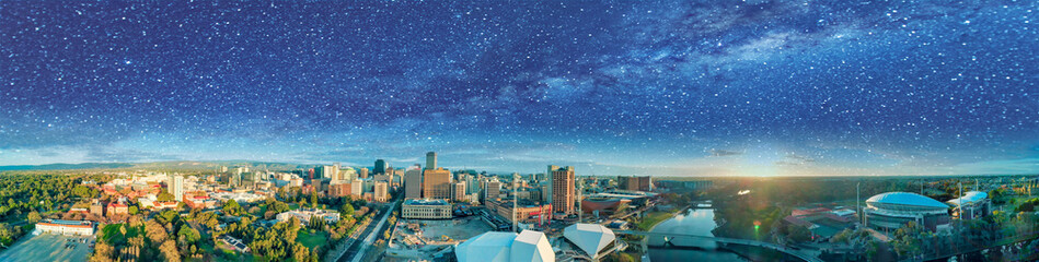 Beautiful aerial panoramic view of Adelaide on a starry night, South Australia