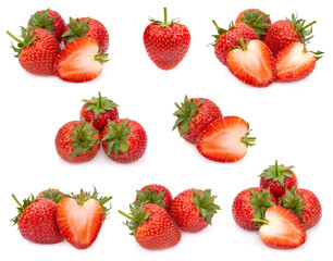 Overview Fresh and cut strawberry set and pieces separately on a white background