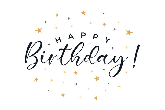 Happy Birthday text lettering calligraphy with gold stars ornament isolated on white background. Greeting Card Vector Illustration.