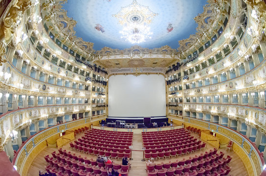 VENICE, ITALY - APRIL 2014: Decorations of the Royal Lodge in the theater of La Fenice. Interior view