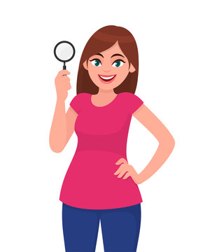 Young woman or girl holding a magnifying glass in hand. Person showing magnifier lens. Female character design illustration. Modern lifestyle, search, find concept in vector cartoon style.