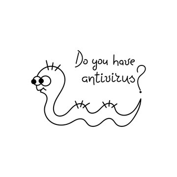A satisfied worm crawls to destroy your computer with virus attacks. Computer protection, installation of antivirus programs. Hand drawn vector illustration