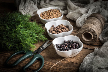 Grain of the herbs in the little bowl.