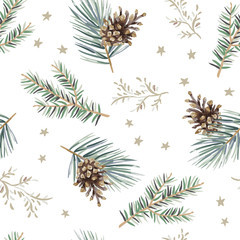 Fototapeta na wymiar Christmas seamless pattern, cones, green pine, fir twigs, stars, white background. Vector illustration. Nature design. Season greeting. Winter forest. Xmas holidays