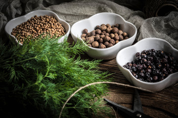 Grain of the herbs in the little bowl.