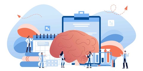 Doctor is diagnosing the brain and senses diseases banner. Stroke and headache, oxygen-deprived brain, migraine. Head tomography. chemical experiment, neurology. Diagnostics development hemisphere.