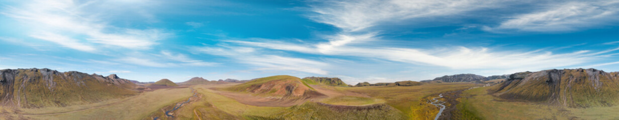 Fototapeta premium Drone perspective of Landmannalaugar amazing highland in summer season, Iceland