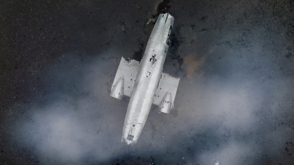 Airplane Wreckage in Solheimasandur Black Beach, aerial view of Iceland