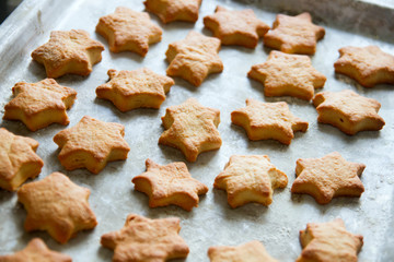 Baking christmas ginger cookies: hot stars cookies on the pan are ready 