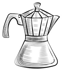 Moka pot for brewing espresso coffee, steel kettle for preparing strong drink of dark beans. Vector meta kettle isolated monochrome sketch icon