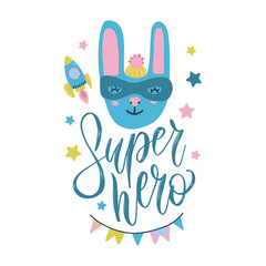 Super hero bunny cute baby print. Sweet rabbi tface with funny costume, mask and cape among stars and rocket. Fashion child vector. Cool scandinavian illustration for t-shirt, kids apparel, invitation