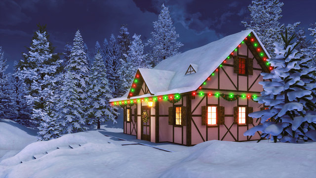 Cozy Half-timbered Rustic House Decorated For Xmas And Illuminated By Christmas Lights Garlands Among Snow Covered Fir Forest At Winter Night. With No People 3D Illustration.