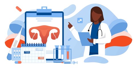 Gynecology, female health. Uterus, ovary and womb. Medical treatment. Endometriosis, endometrium dysfunctionality, endometriosis treatment concept. Doctor make uterus examination. For banner, web page