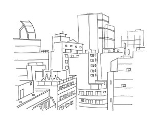 Fototapeta premium City panorama sketch. Building architecture landscape. View from window. Ordinary city. Hand drawn black line.