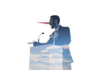 Liar fooled us. Speaker or chairman during politician speech isolated on white background. Double exposure - truth and lies. Business training, speaking, promises, economical and financial relations.