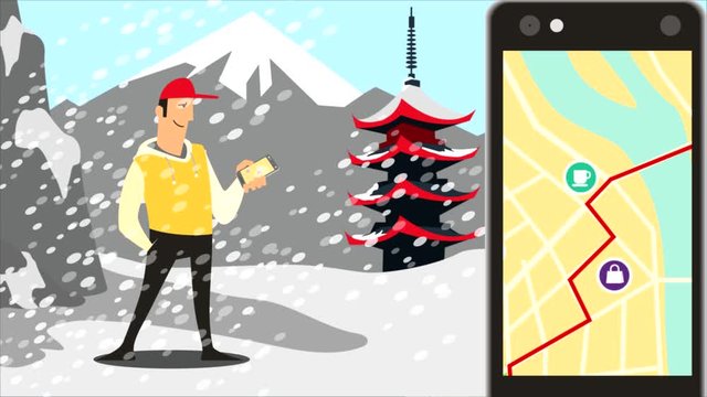 Mobile app. A man travels using a mobile application. Travel service concept, taxi, mobile maps app. Looping Animation.