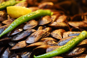 Mussels with vegetables. Street traditional food. Istanbul. Turkey.