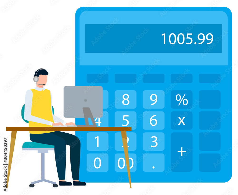 Poster financial analysis and calculation vector, isolated man sitting on table with laptop. calculator wit