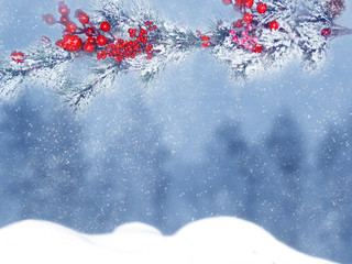 Naklejka na ściany i meble winter christmas background with snow and fir branches frame
