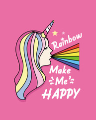 rainbow make me happy slogan with hand drawn cute girl unicorn illustration. for fashion print and other uses