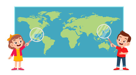 happy cute kids boy and girl teach about map