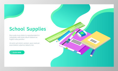 Supplies for lessons, vector illustration. Collection of school supplies or stationery. Isometric cartoon items for education of smart pupils and students. Knowledge and education. School accessories