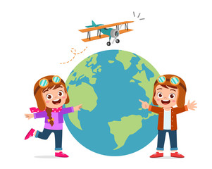 happy cute kid boy and girl with plane and globe