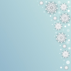 Snowfall background with white dots and 3d snowflakes