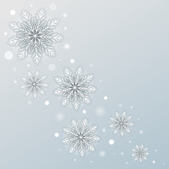 Fototapeta premium Winter greeting card with 3d white snowflakes