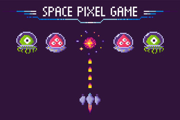 Pixelated characters and spaceship vector, pixel game with fight. Aliens in costumes, burst in sky fire of boom explosion in sky. Galaxy invaders attack