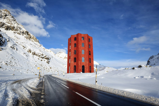  Julier Pass in winter. Nature Park Parc Ela, canton of Graubuenden, Switzerland.