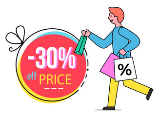 30 percent off price banner vector, circle with decorative thread. Man with bags and packets in hurry. Personage buying products from stores with discounts and special promotions for holidays