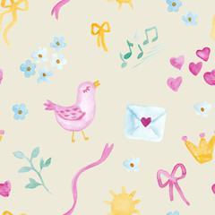 Birds with music notes and love letters watercolor painting - hand drawn seamless pattern on beige