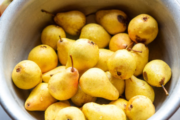 Fresh ripe pears gathered in metallic bowl. Village style